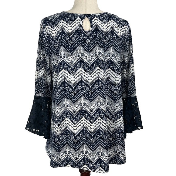STEM & VINE CHEVRON GEO PRINT 3/4 BELL SLEEVES V-NECK BLOUSE MULTI‎ LARGE EUC - Picture 8 of 14